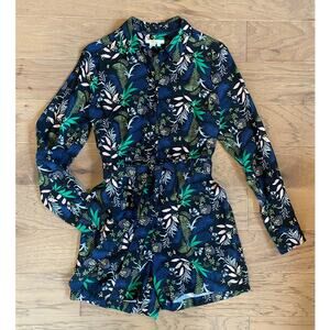 Boden navy blue green floral long sleeve tie waist romper